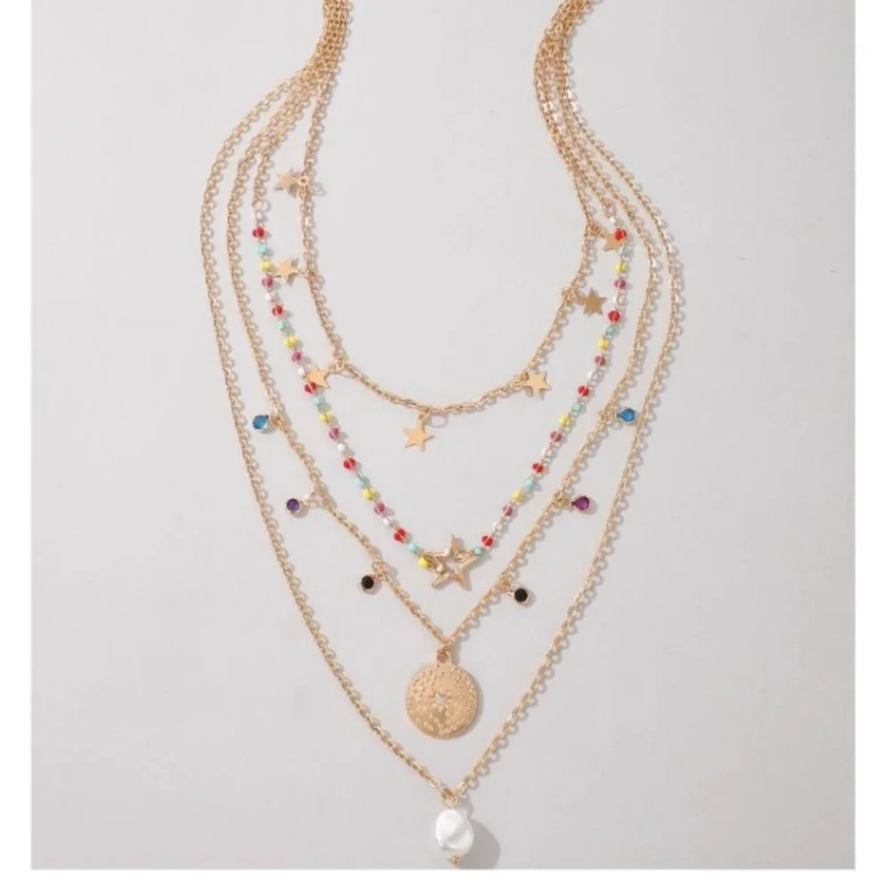 Gold Layered Star & Coin Pendant Necklace with Colored Bead Accents
